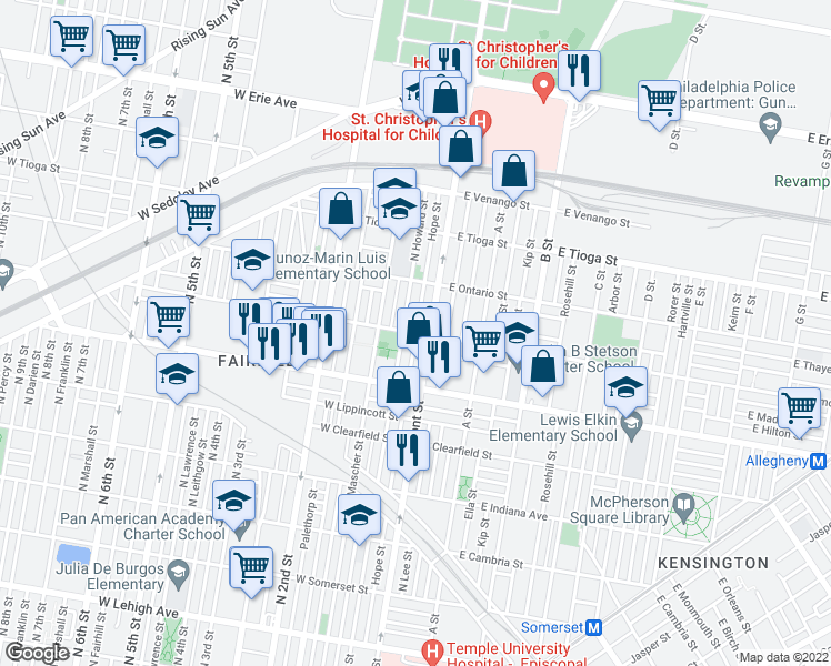 map of restaurants, bars, coffee shops, grocery stores, and more near N Hope St & W Westmoreland St in Philadelphia