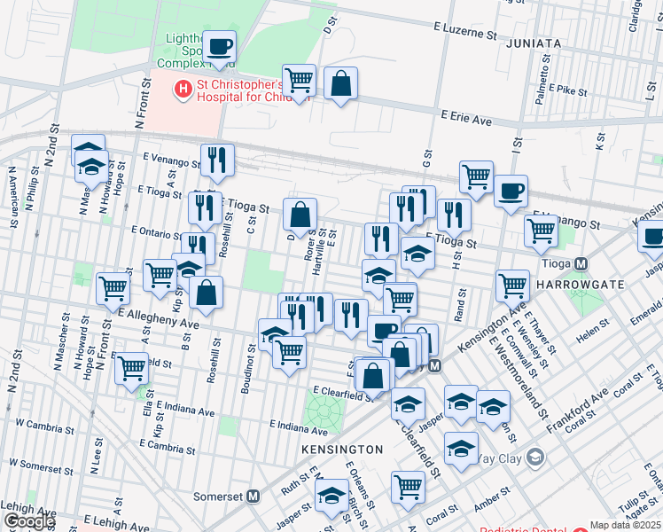 map of restaurants, bars, coffee shops, grocery stores, and more near 604 East Ontario Street in Philadelphia