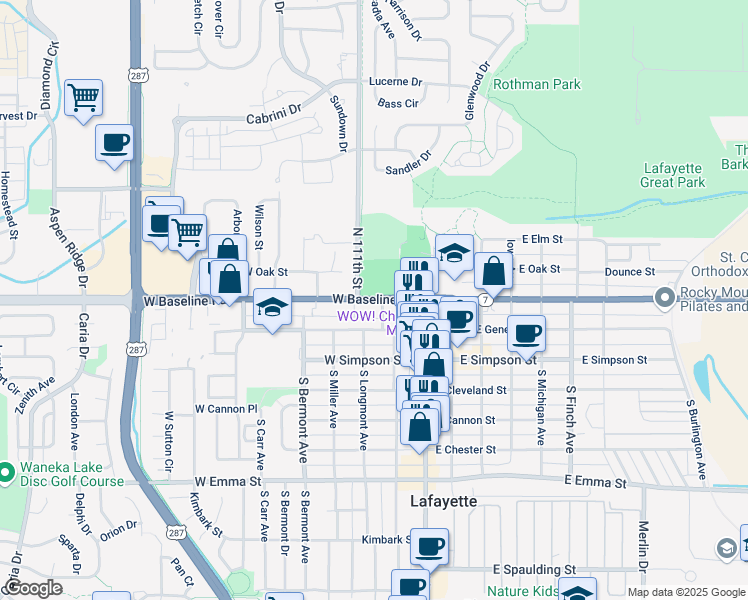 map of restaurants, bars, coffee shops, grocery stores, and more near 301 West Baseline Road in Lafayette