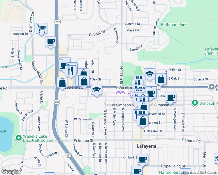 map of restaurants, bars, coffee shops, grocery stores, and more near 311 Baseline Road in Lafayette