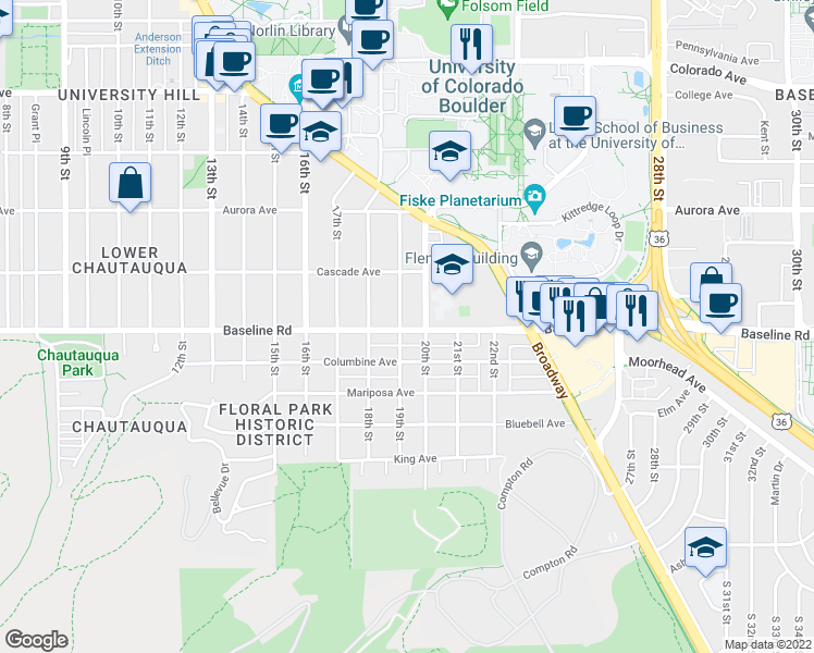 map of restaurants, bars, coffee shops, grocery stores, and more near in Boulder