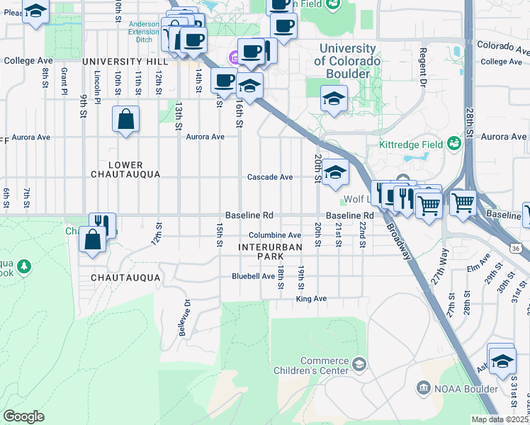 map of restaurants, bars, coffee shops, grocery stores, and more near 717 17th Street in Boulder