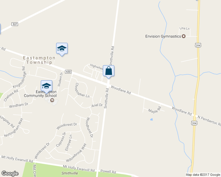 map of restaurants, bars, coffee shops, grocery stores, and more near 1400 Woodlane Road in Mount Holly