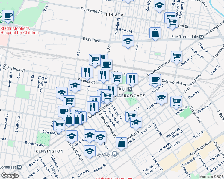 map of restaurants, bars, coffee shops, grocery stores, and more near 1022 East Tioga Street in Philadelphia