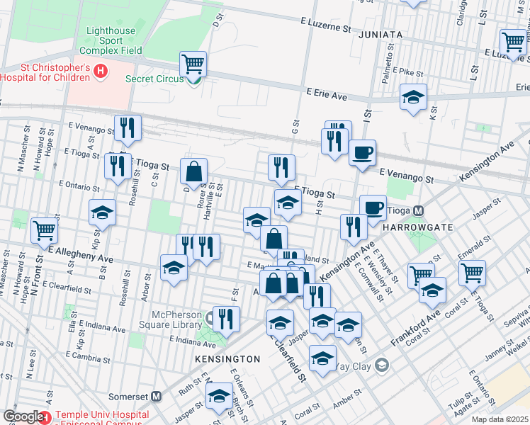 map of restaurants, bars, coffee shops, grocery stores, and more near 3410 Reach Street in Philadelphia