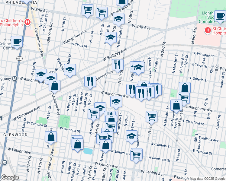 map of restaurants, bars, coffee shops, grocery stores, and more near 3210 North Reese Street in Philadelphia