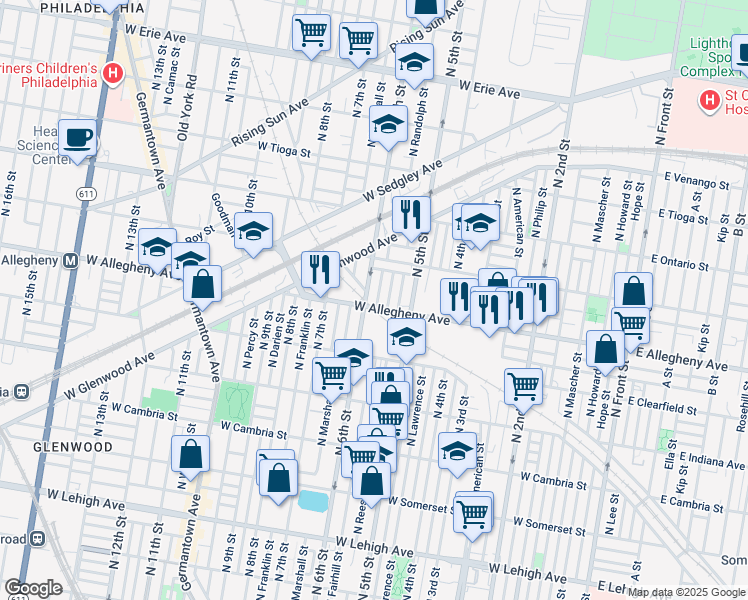 map of restaurants, bars, coffee shops, grocery stores, and more near 3204 North Fairhill Street in Philadelphia