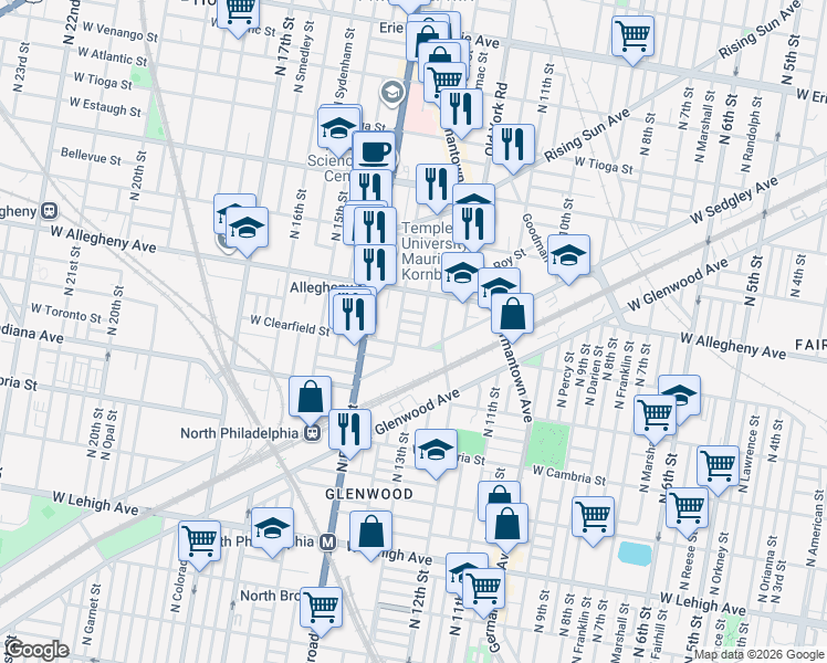 map of restaurants, bars, coffee shops, grocery stores, and more near 1317 West Lippincott Street in Philadelphia