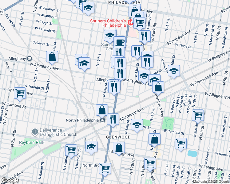 map of restaurants, bars, coffee shops, grocery stores, and more near 3117 North Broad Street in Philadelphia
