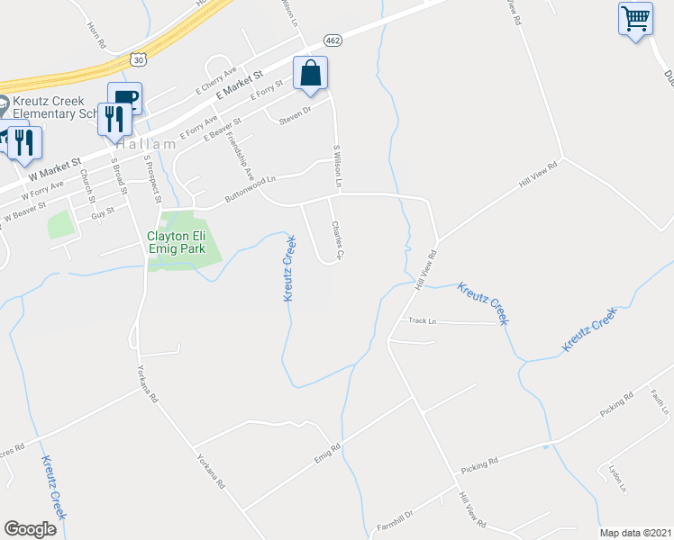 map of restaurants, bars, coffee shops, grocery stores, and more near 310 Charles Circle in Hallam