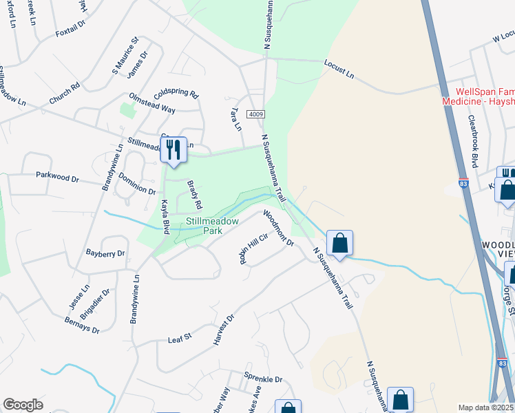 map of restaurants, bars, coffee shops, grocery stores, and more near 2723 Woodmont Drive in York