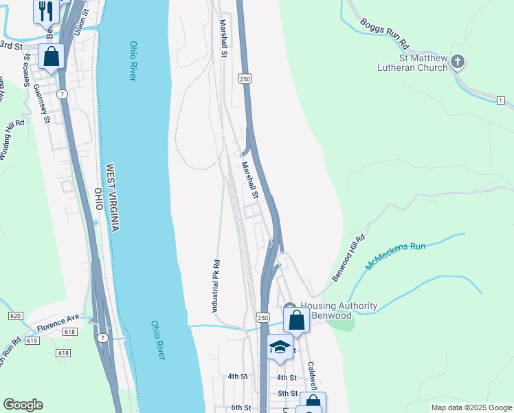 map of restaurants, bars, coffee shops, grocery stores, and more near U.S. 250 in Benwood