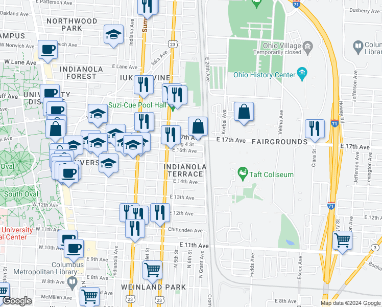 map of restaurants, bars, coffee shops, grocery stores, and more near 428 East 16th Avenue in Columbus