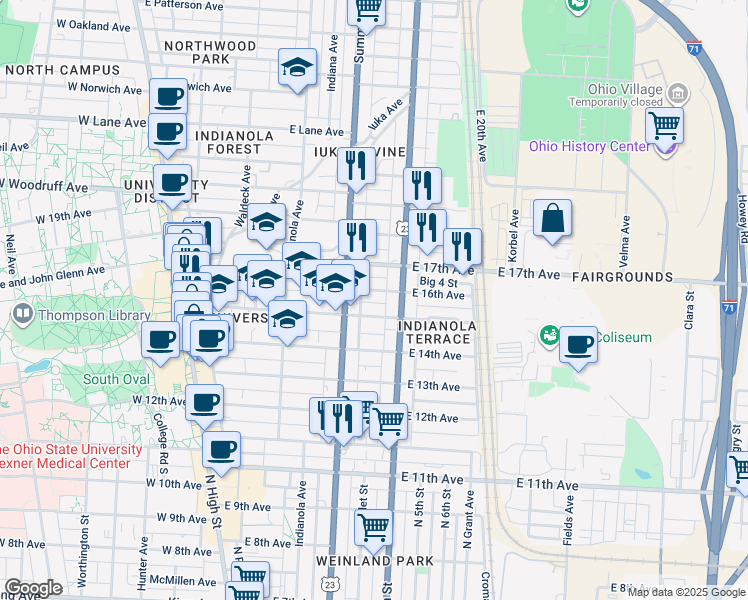 map of restaurants, bars, coffee shops, grocery stores, and more near 317 East 16th Avenue in Columbus