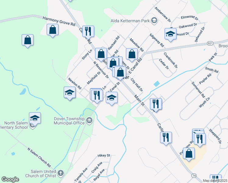 map of restaurants, bars, coffee shops, grocery stores, and more near 28 West Canal Street in Dover