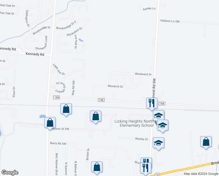 map of restaurants, bars, coffee shops, grocery stores, and more near 267 Monarch Drive in Pataskala