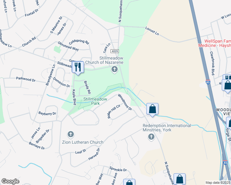 map of restaurants, bars, coffee shops, grocery stores, and more near 2723 Woodmont Drive in York