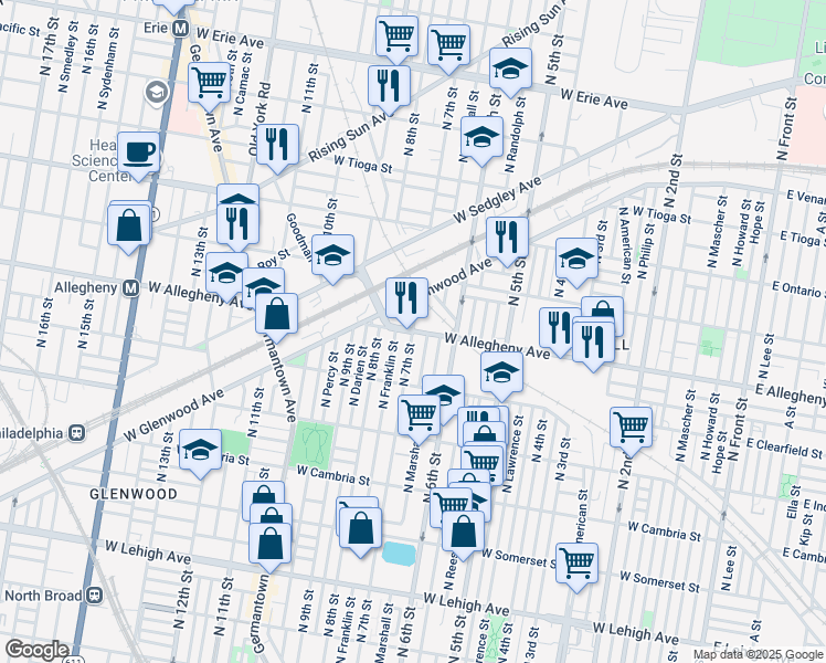 map of restaurants, bars, coffee shops, grocery stores, and more near N 7th St & W Allegheny Ave in Philadelphia
