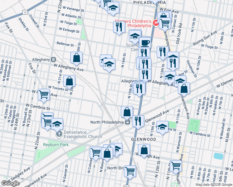 map of restaurants, bars, coffee shops, grocery stores, and more near 3050 North 16th Street in Philadelphia