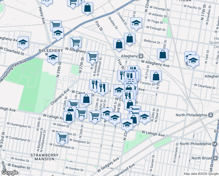 map of restaurants, bars, coffee shops, grocery stores, and more near 2953 North 24th Street in Philadelphia