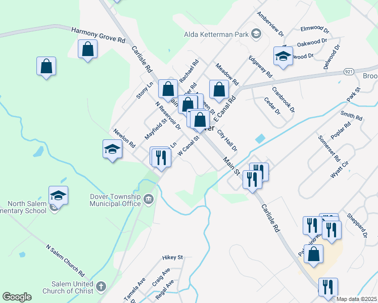 map of restaurants, bars, coffee shops, grocery stores, and more near 28 West Canal Street in Dover