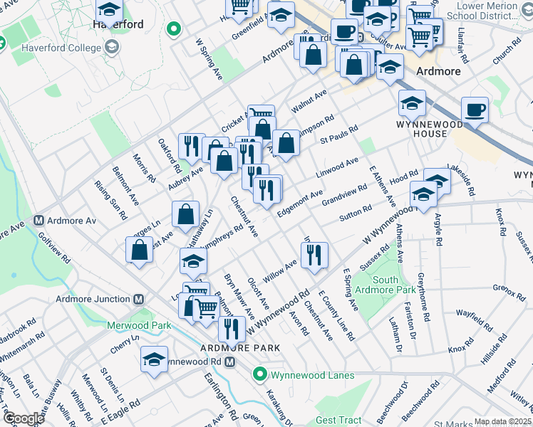 map of restaurants, bars, coffee shops, grocery stores, and more near 2628 East County Line Road in Ardmore