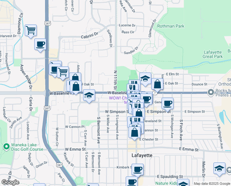map of restaurants, bars, coffee shops, grocery stores, and more near 300 West Baseline Road in Lafayette