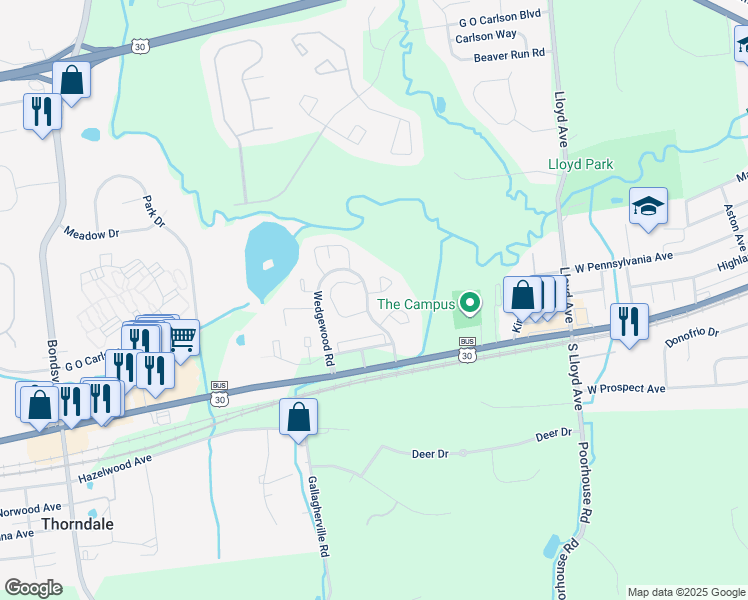 map of restaurants, bars, coffee shops, grocery stores, and more near 4 Ashley Court in Downingtown