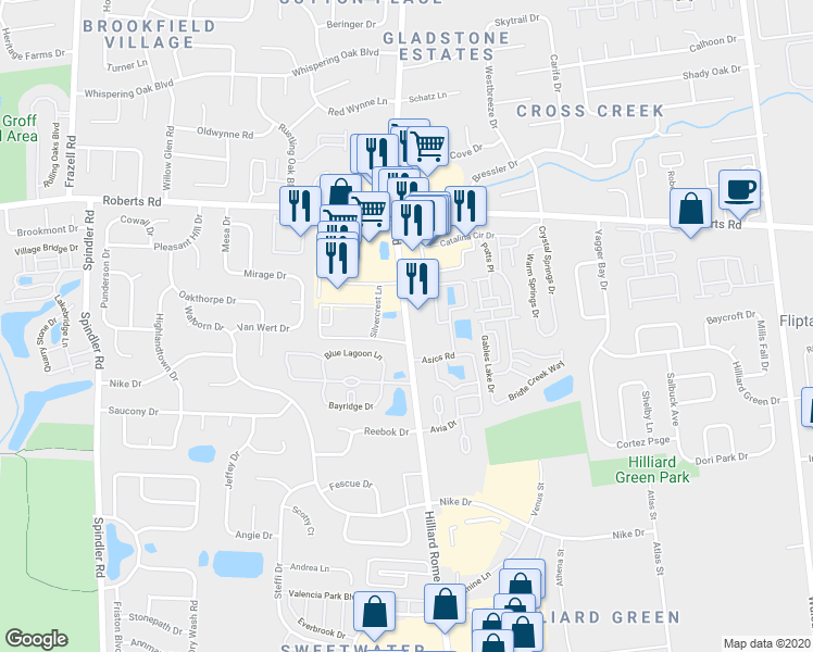 map of restaurants, bars, coffee shops, grocery stores, and more near Hilliard Rome Road in Hilliard