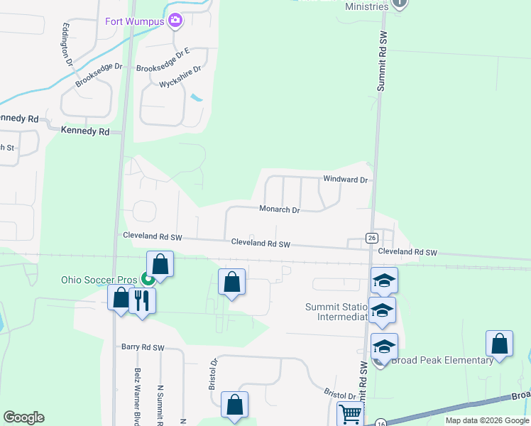 map of restaurants, bars, coffee shops, grocery stores, and more near 267 Monarch Drive in Pataskala