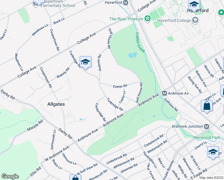 map of restaurants, bars, coffee shops, grocery stores, and more near 369 Exeter Road in Haverford