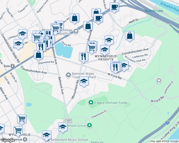 map of restaurants, bars, coffee shops, grocery stores, and more near 4092 West Ford Road in Philadelphia