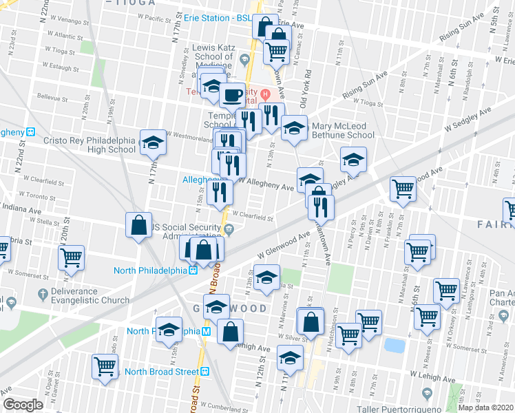 map of restaurants, bars, coffee shops, grocery stores, and more near 1307 West Clementine Street in Philadelphia