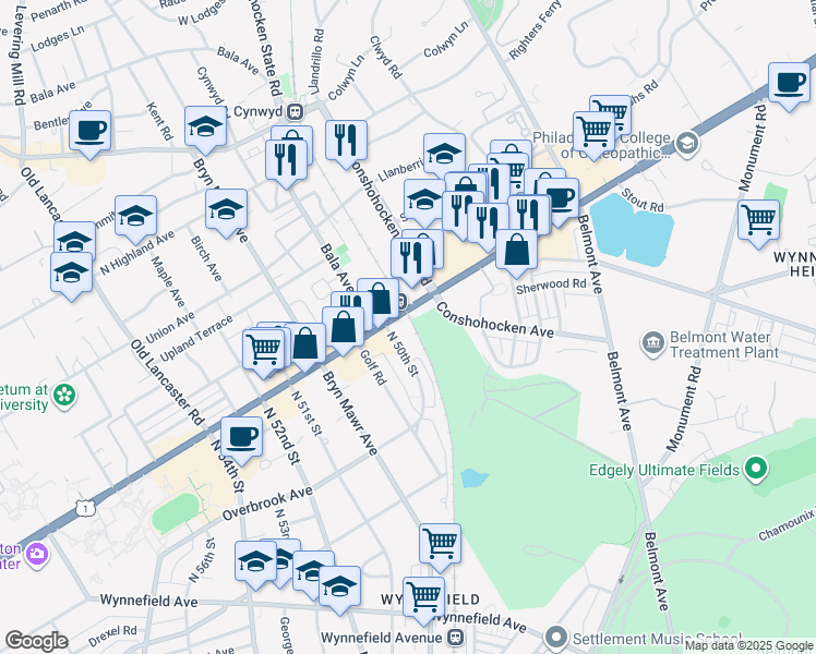 map of restaurants, bars, coffee shops, grocery stores, and more near 4920 City Avenue in Philadelphia