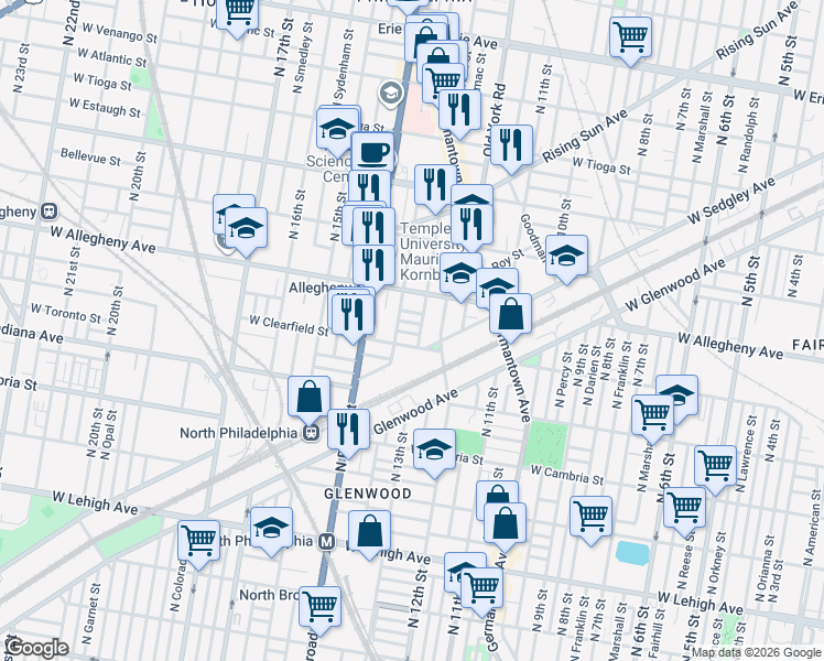 map of restaurants, bars, coffee shops, grocery stores, and more near 1317 West Lippincott Street in Philadelphia