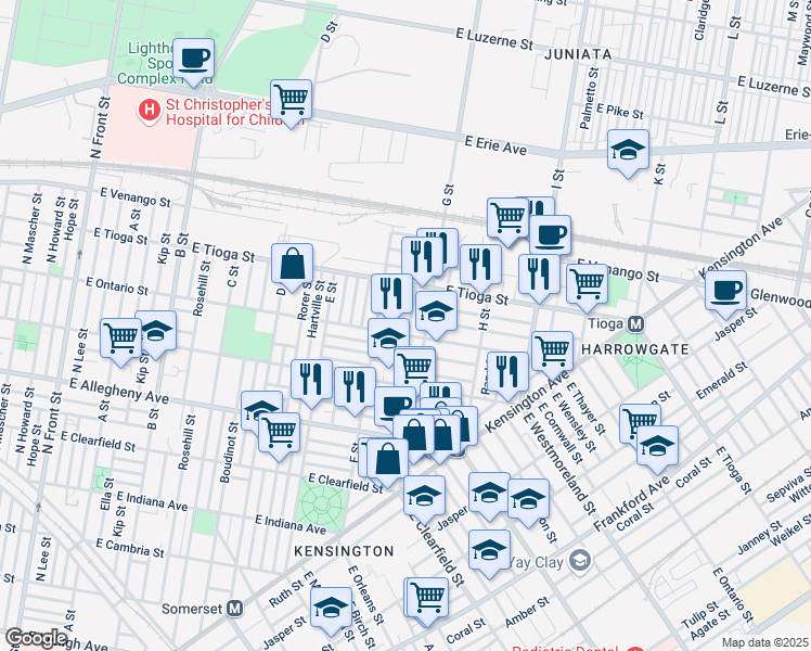 map of restaurants, bars, coffee shops, grocery stores, and more near 3400 Reach Street in Philadelphia