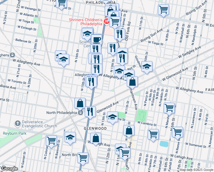 map of restaurants, bars, coffee shops, grocery stores, and more near 1307 West Clementine Street in Philadelphia