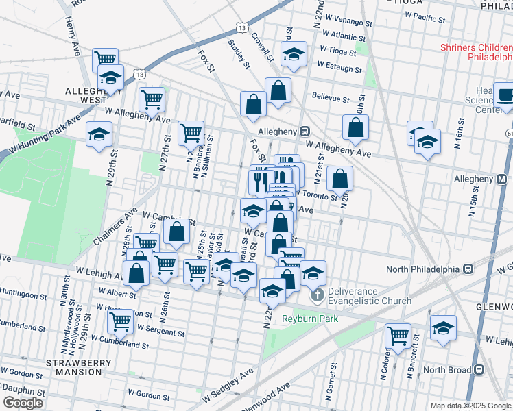map of restaurants, bars, coffee shops, grocery stores, and more near 2958 North 23rd Street in Philadelphia