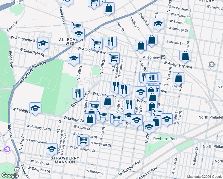 map of restaurants, bars, coffee shops, grocery stores, and more near 2949 North Bambrey Street in Philadelphia