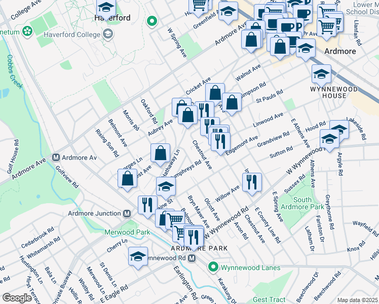 map of restaurants, bars, coffee shops, grocery stores, and more near 2723 Saint Marys Road in Ardmore