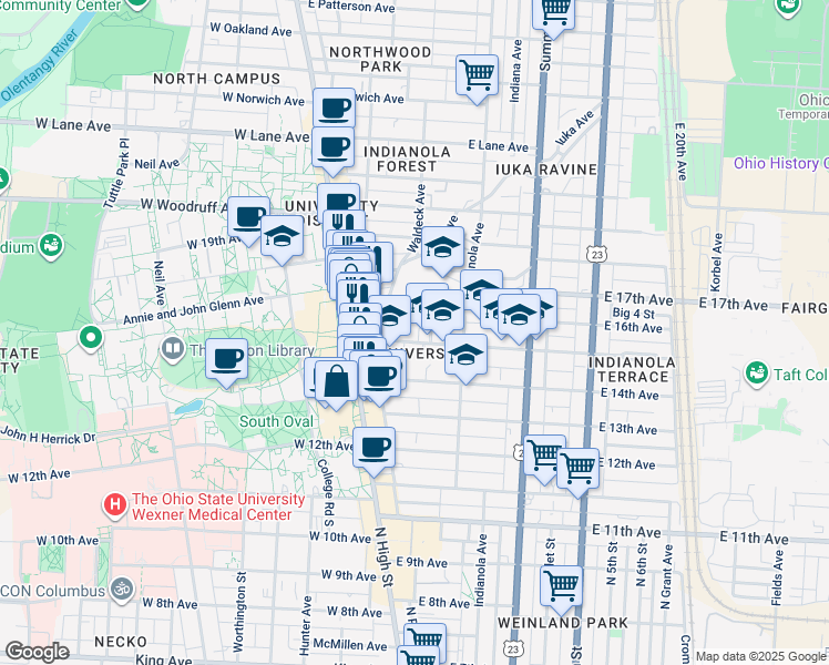 map of restaurants, bars, coffee shops, grocery stores, and more near 84 East 15th Avenue in Columbus