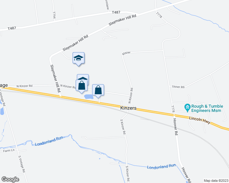 map of restaurants, bars, coffee shops, grocery stores, and more near 33 North Kinzer Road in Kinzers