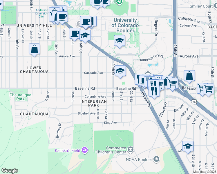 map of restaurants, bars, coffee shops, grocery stores, and more near 1901 Baseline Road in Boulder