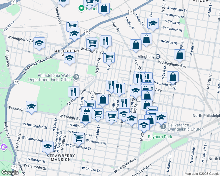 map of restaurants, bars, coffee shops, grocery stores, and more near 2939 North Bambrey Street in Philadelphia