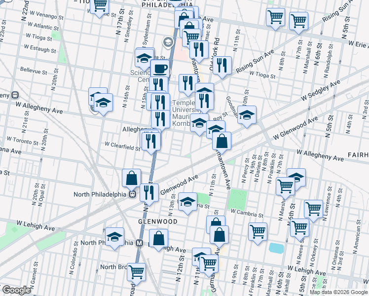 map of restaurants, bars, coffee shops, grocery stores, and more near 3137 North Camac Street in Philadelphia