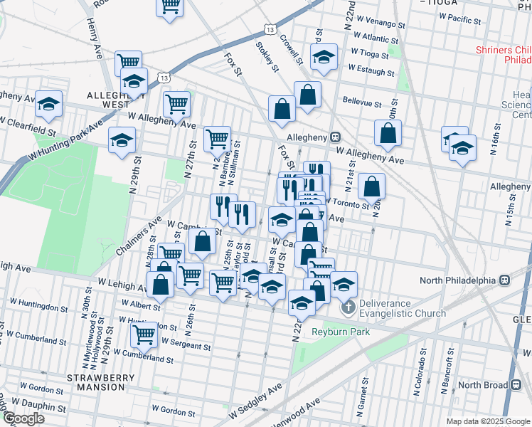 map of restaurants, bars, coffee shops, grocery stores, and more near 2943 North 24th Street in Philadelphia