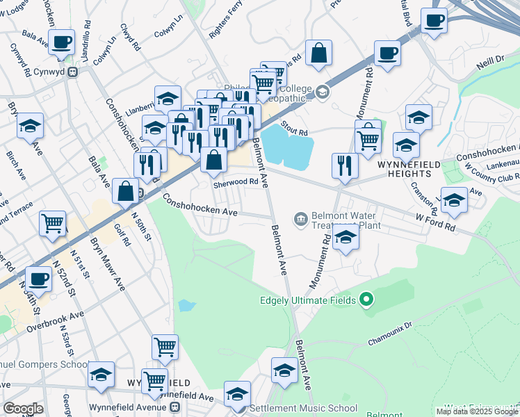 map of restaurants, bars, coffee shops, grocery stores, and more near 4401 Conshohocken Avenue in Philadelphia
