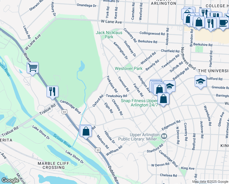 map of restaurants, bars, coffee shops, grocery stores, and more near 2236 Oxford Road in Columbus
