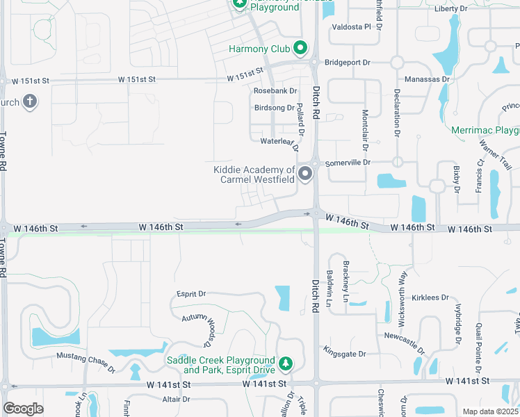 map of restaurants, bars, coffee shops, grocery stores, and more near 1624 Waterleaf Drive in Westfield