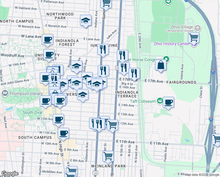 map of restaurants, bars, coffee shops, grocery stores, and more near 311 East 16th Avenue in Columbus